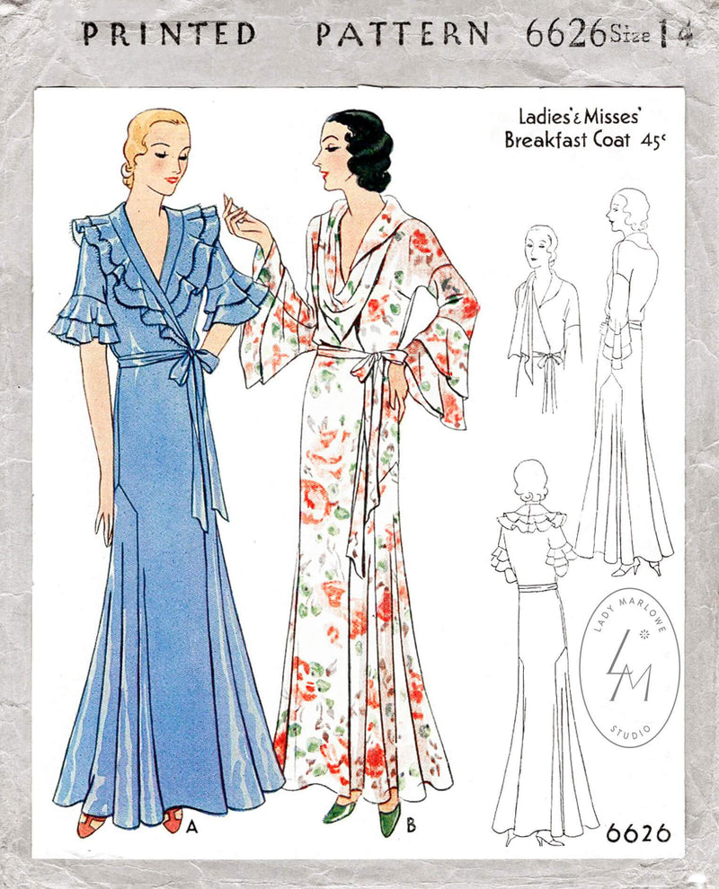 1920s 1930s ruffle nightgown robe vintage sewing pattern McCall 6626