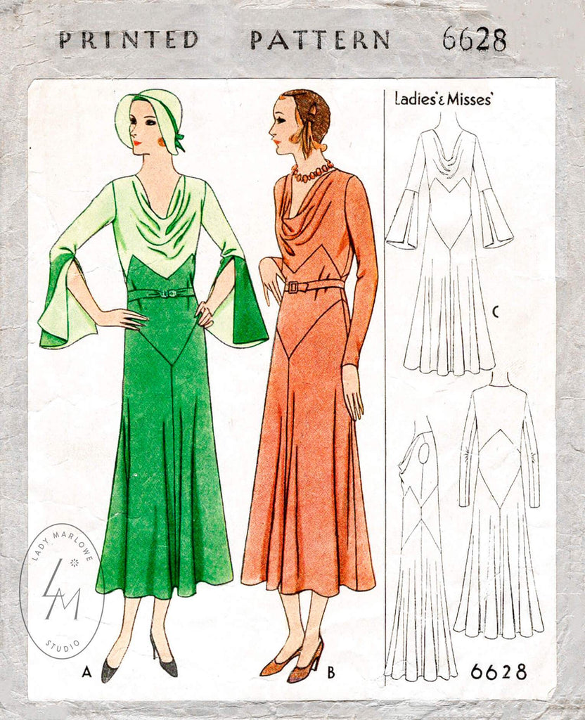 McCall 6628 1931 art deco dress pattern reproduction geometric seam interest