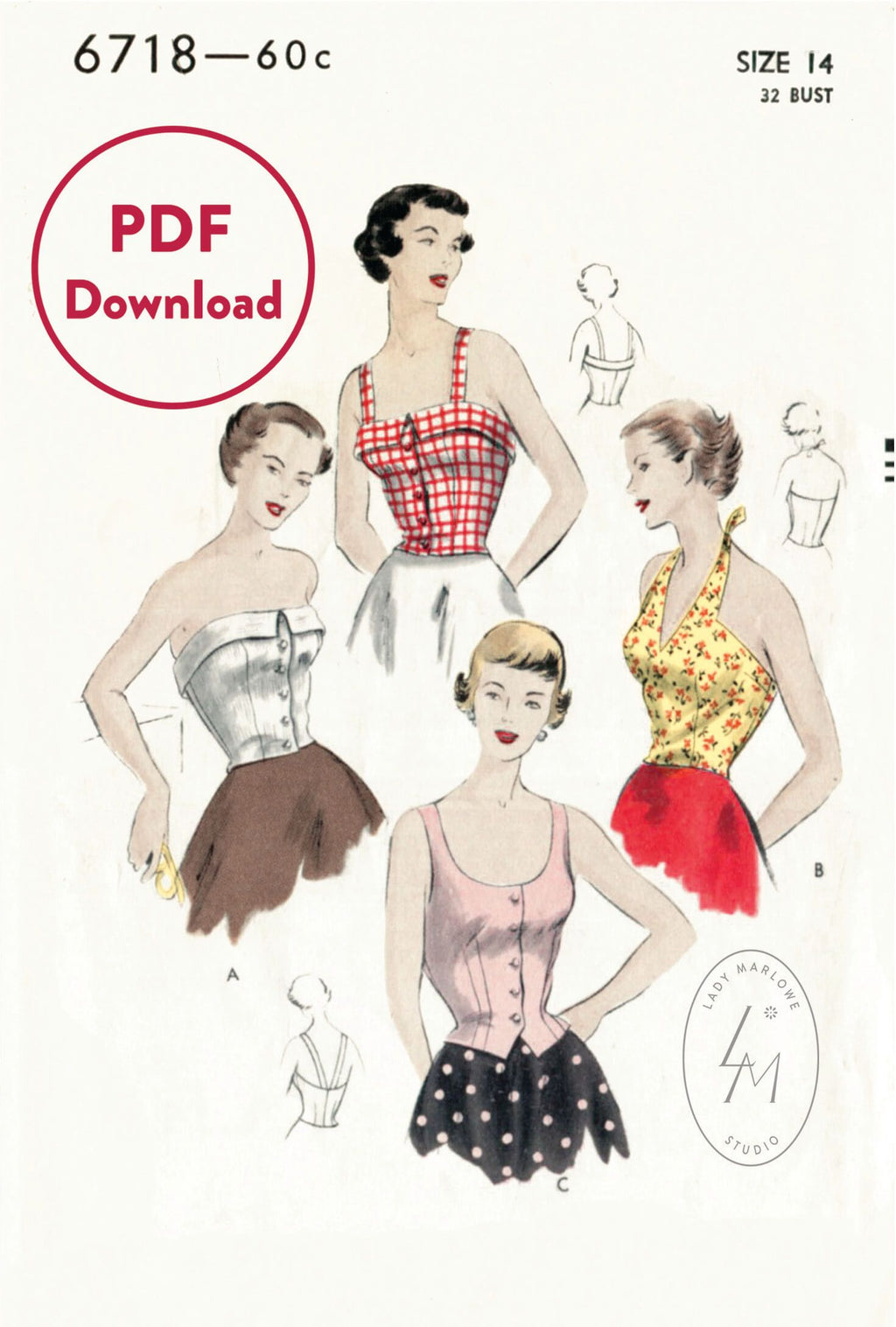 Vogue 6718 1950s crop top vintage sewing pattern 1950 50s halter PDF download