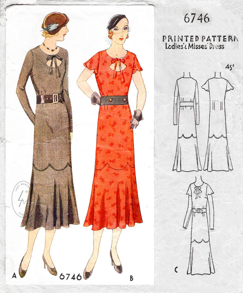 McCall 6746 1930s 1920s day dress scalloped edges flutter sleeves