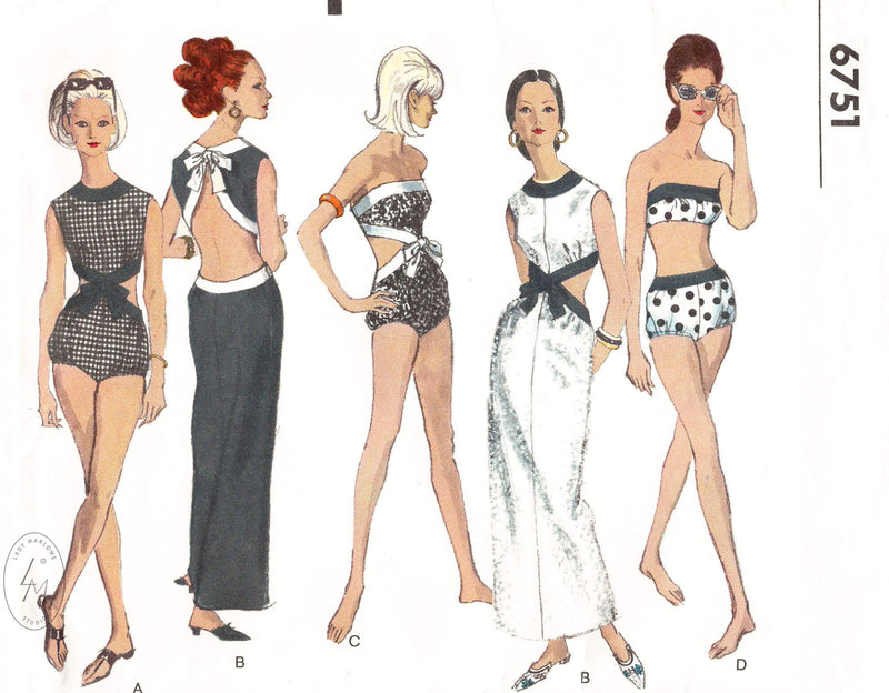 1960s beachwear 4 piece set, bikini, one piece bathing suit, backless dress. Vogue 6751