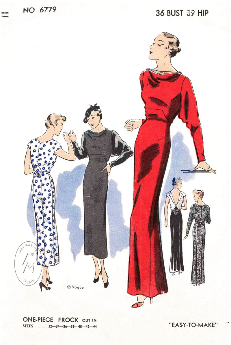 vintage sewing pattern 1930s 30s dress day or evening length dinner gown Vogue 6779