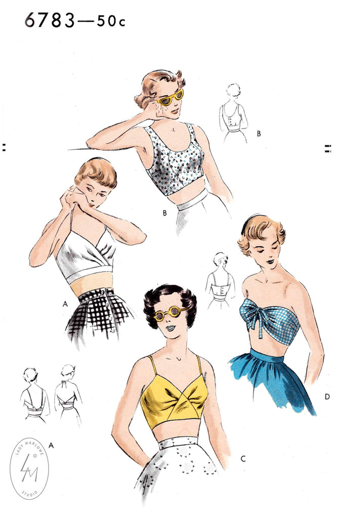 Vogue 6783 1950s beach tops crop top bandeau bikini vintage sewing pattern repro