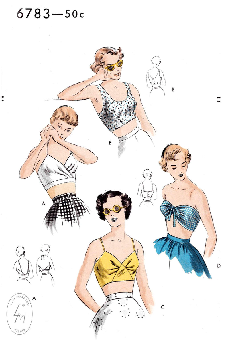 Vogue 6783 1950s beach tops crop top bandeau bikini vintage sewing pattern repro