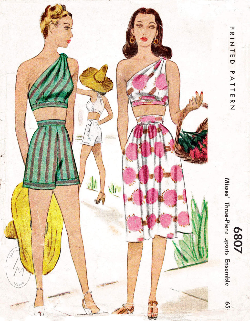 McCall 6807 vintage sewing pattern reproduction 1940s 1947 one shoulder crop top sun skirt high waisted shorts