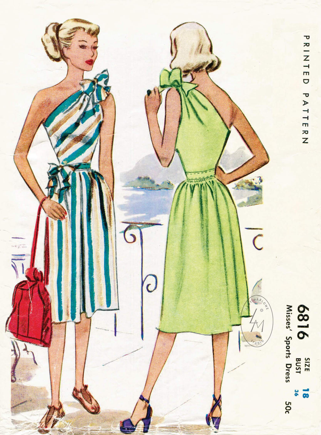 McCall 6816 1940s one shoulder beach dress vintage sewing pattern