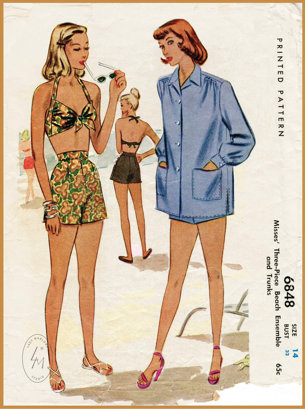 McCall 6848 1940s bikini top high waist shorts beach jacket vintage sewing pattern