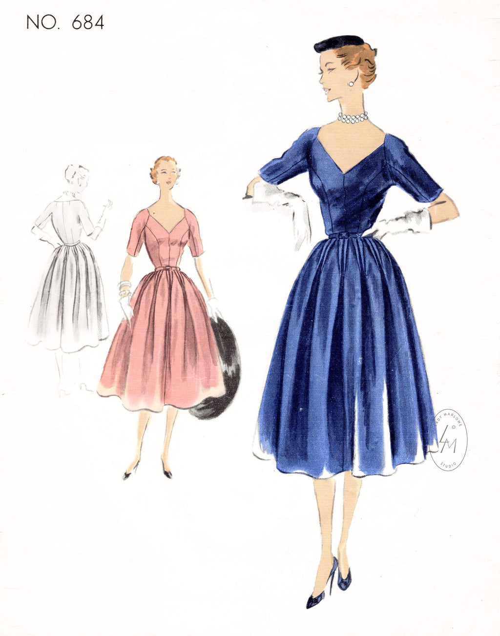 Vogue 684 Couturier 1950s cocktail dress v neckline full skirt vintage sewing pattern reproduction