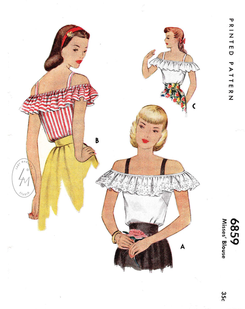 1940s 1947 McCall 6859 off shoulder  top ruffle accent ribbons straps vintage sewing pattern reproduction