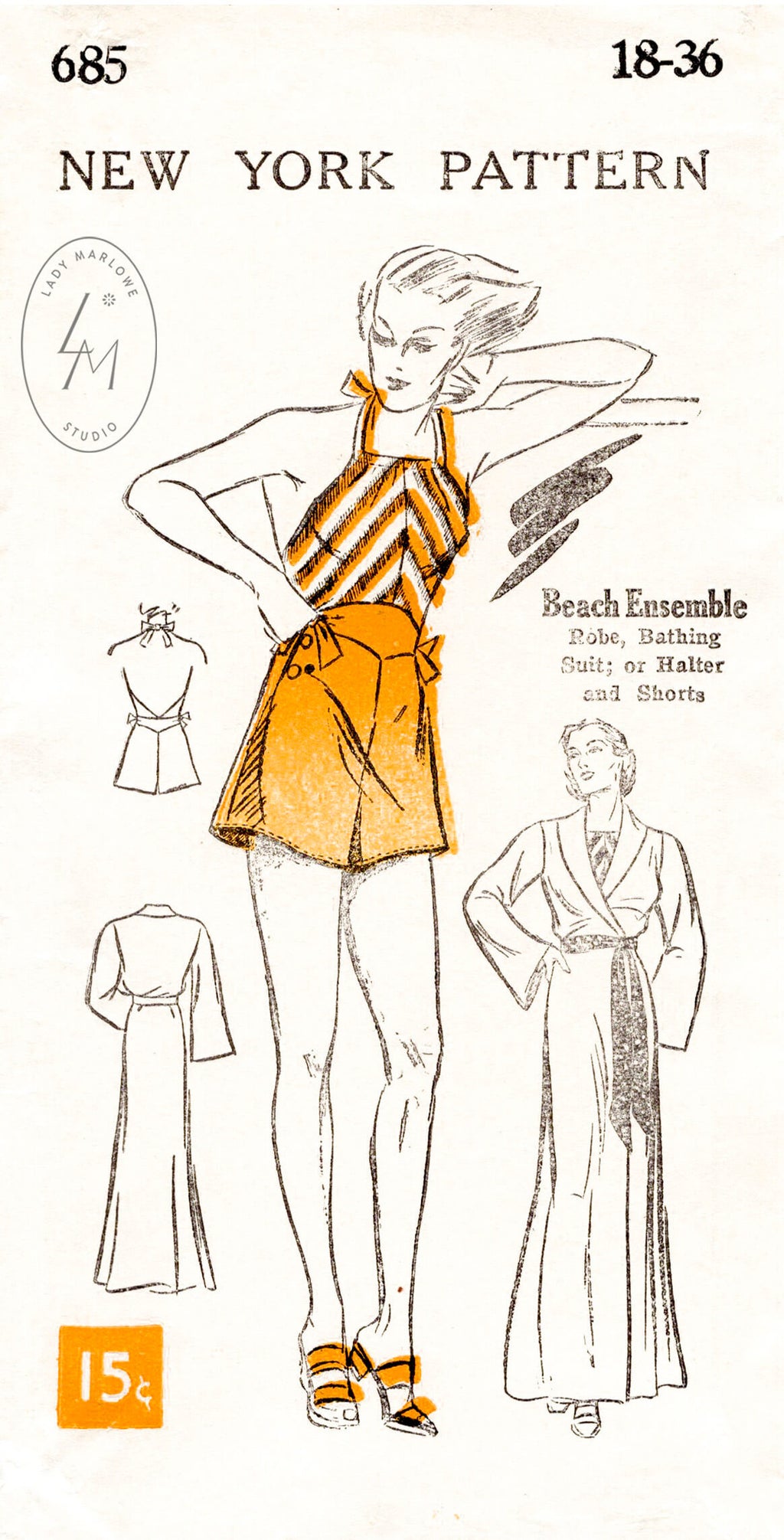 1930s vintage sewing pattern NY 685 playsuit and beach robe