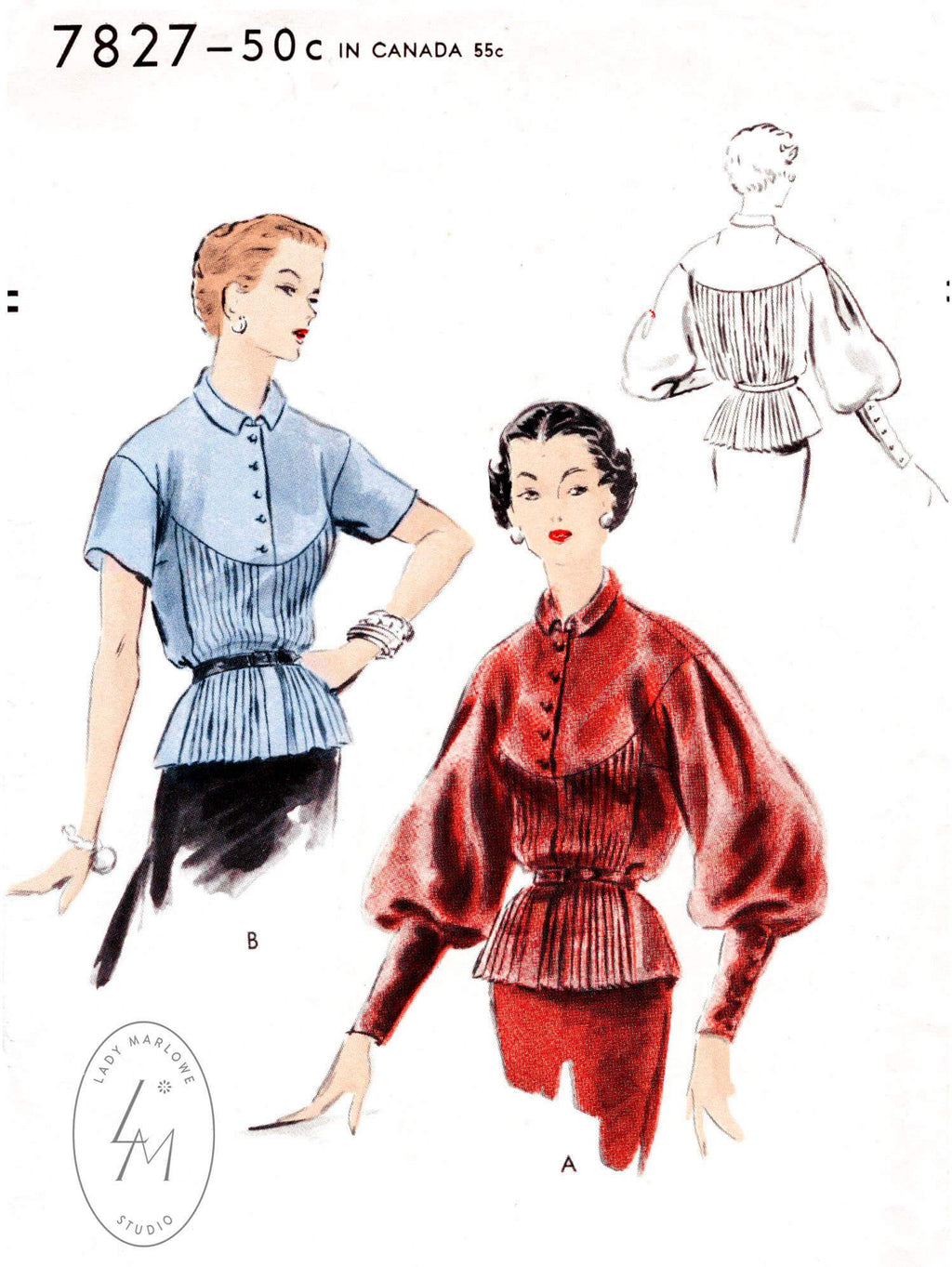 Vogue 7827 1950s blouse sewing pattern lantern sleeves