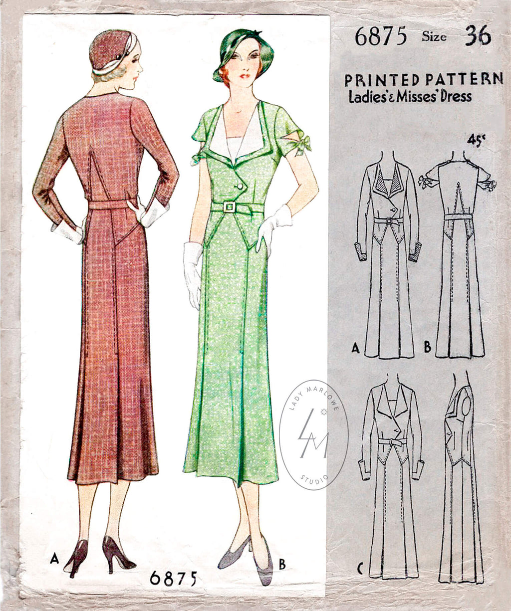 McCall 6875 1930s vintage dress sewing pattern suit dress tie sleeves