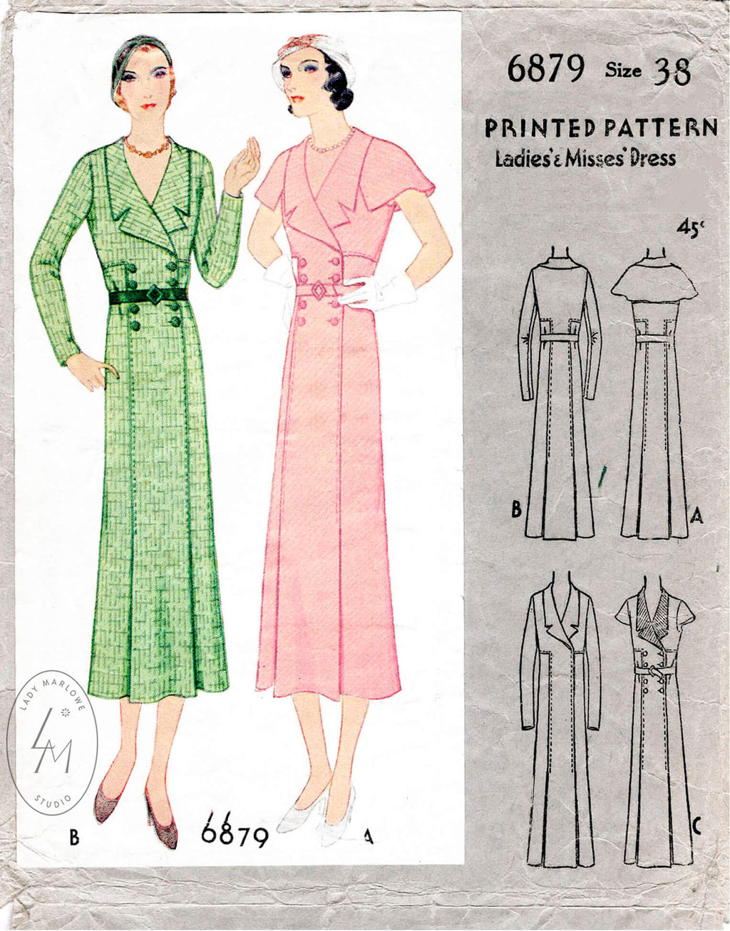 McCall 6978 1930s 1932 suit dress double breasted cape sleeves vintage sewing pattern reproduction