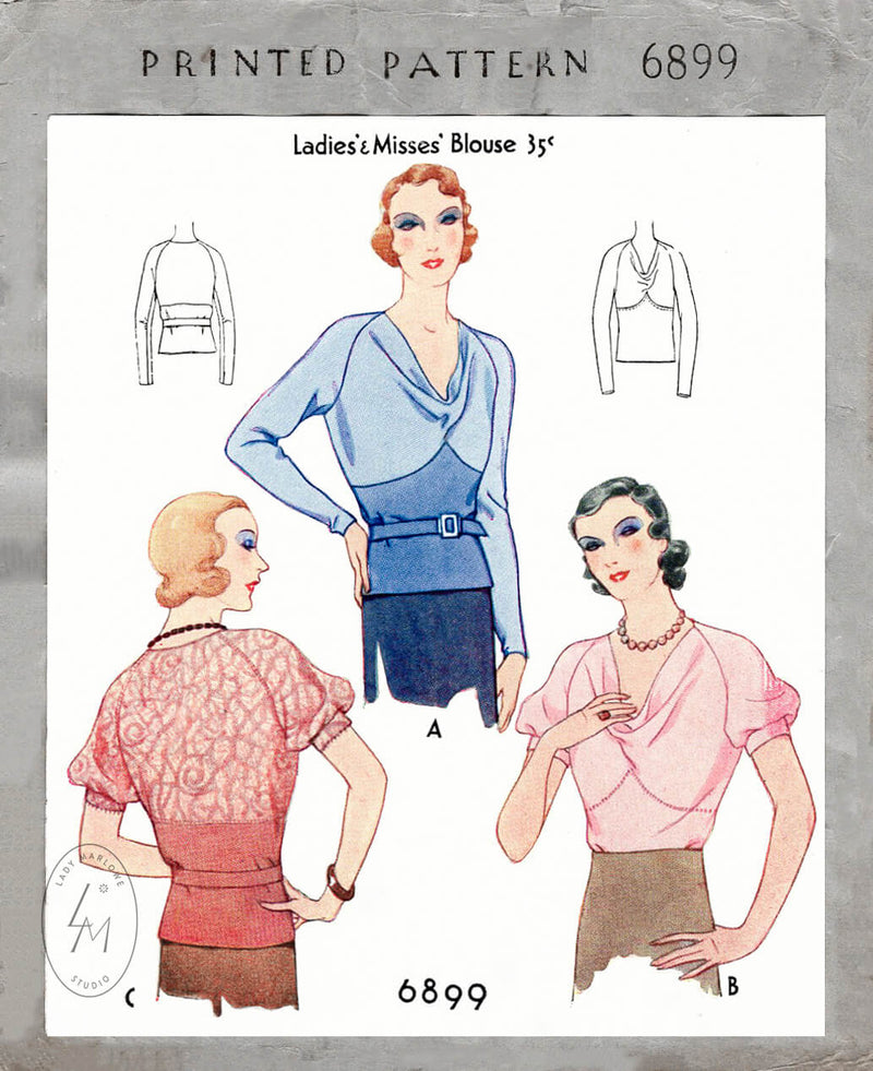 1930s 1932 McCall 6899 art deco blouse curved seams raglan puff sleeves cowl neckline vintage sewing pattern reproduction