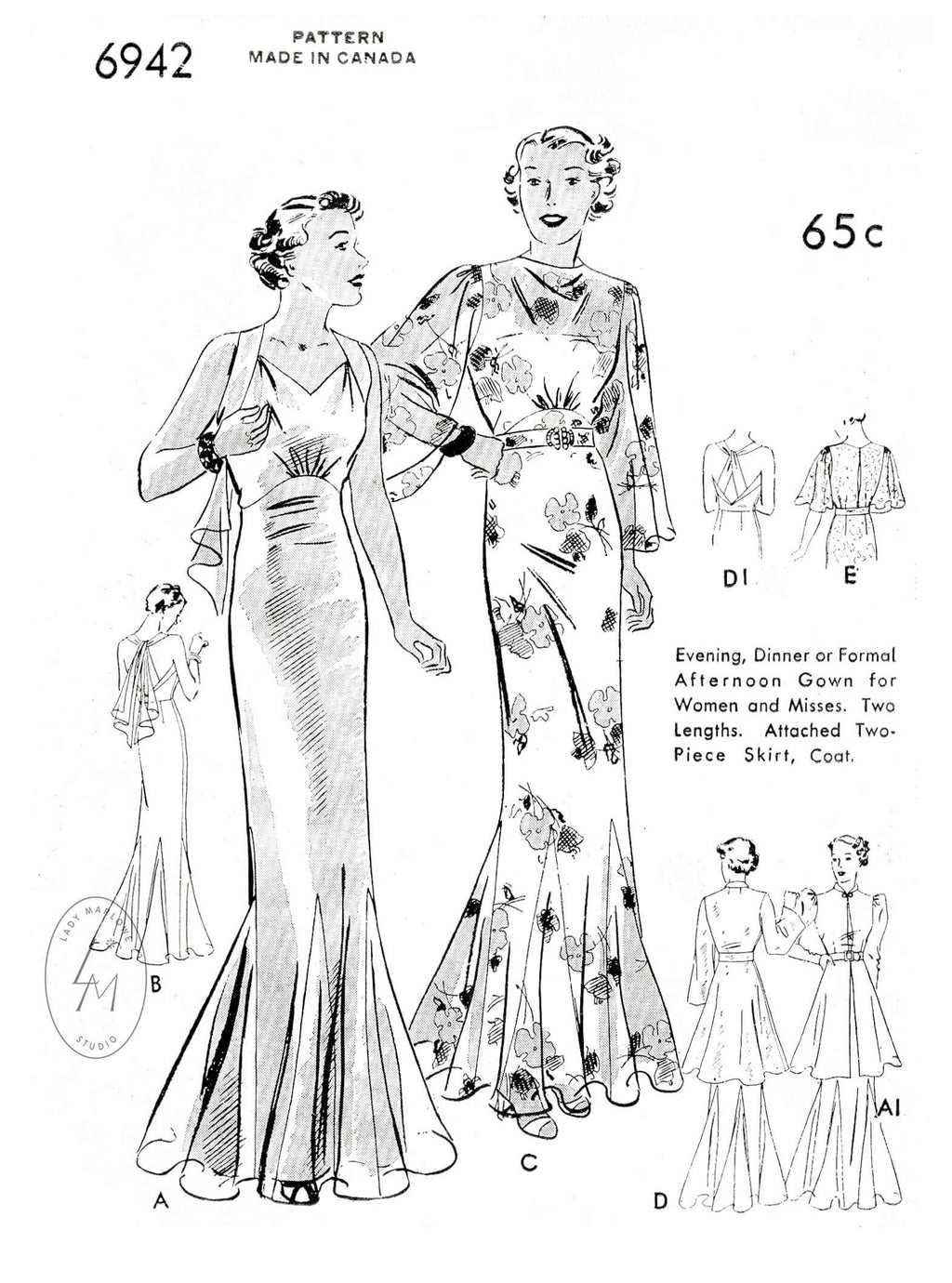 Butterick 6942 1930s wedding bridal dress vintage sewing pattern reproduction 5 styles with tunic blouse