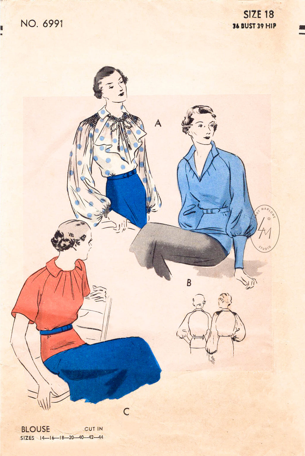 1930s set of blouses in 3 styles. Bishop sleeves, jabot, sunburst darts. Vintage sewing pattern reproduction. Vogue 6991