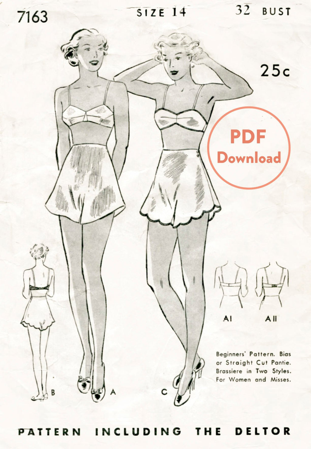 Butterick 7163 1930s vintage lingerie sewing pattern bra and tap shorts PDF download