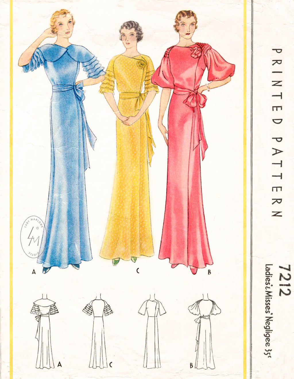 1930s McCall 7212 vintage negligee sewing pattern evening dress with detachable cape