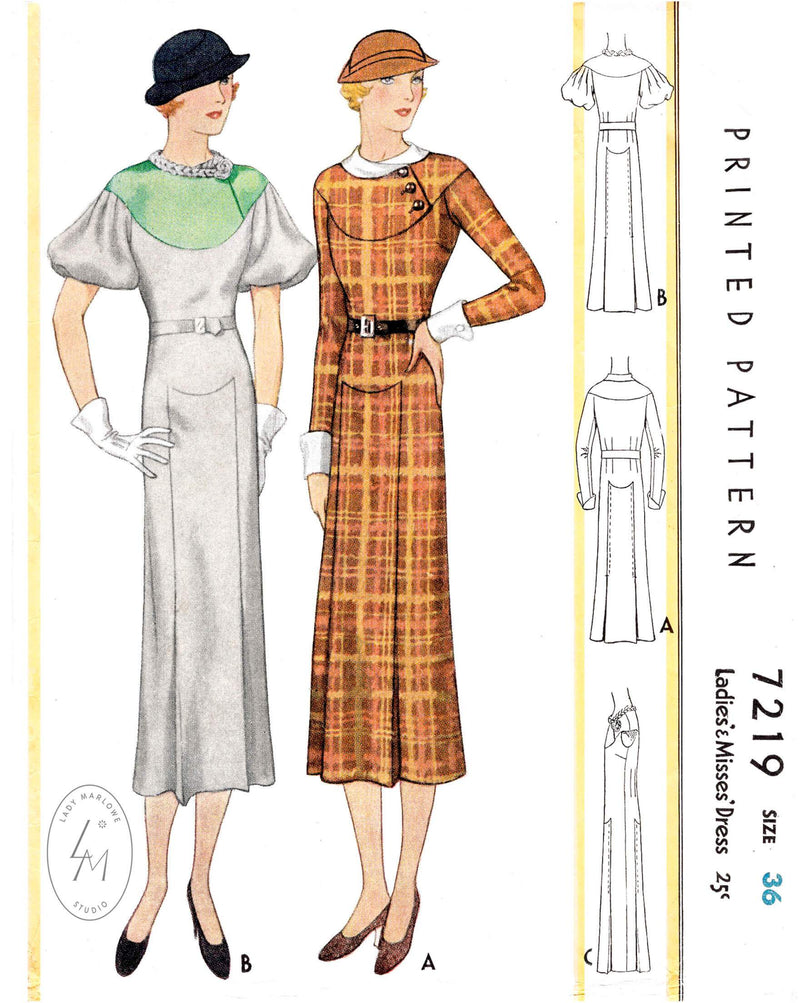 Mccall 7912 vintage dress pattern 1930s art deco curved seam detail sleeves in 3 styles reproduction