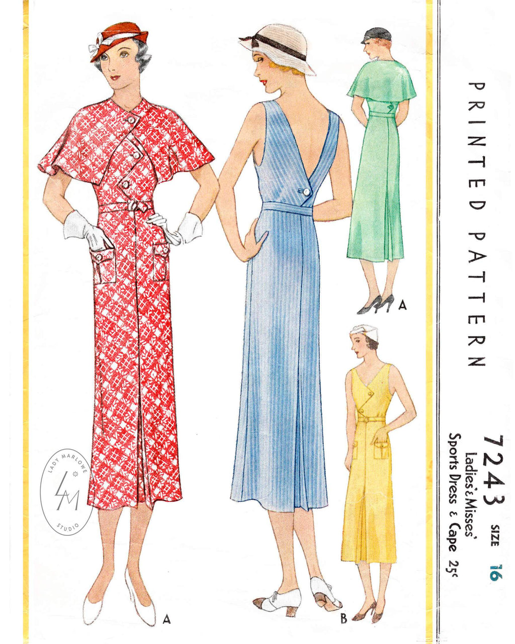 1930s 1933 McCall 7243 sports dress and cape ensemble vintage sewing pattern repro