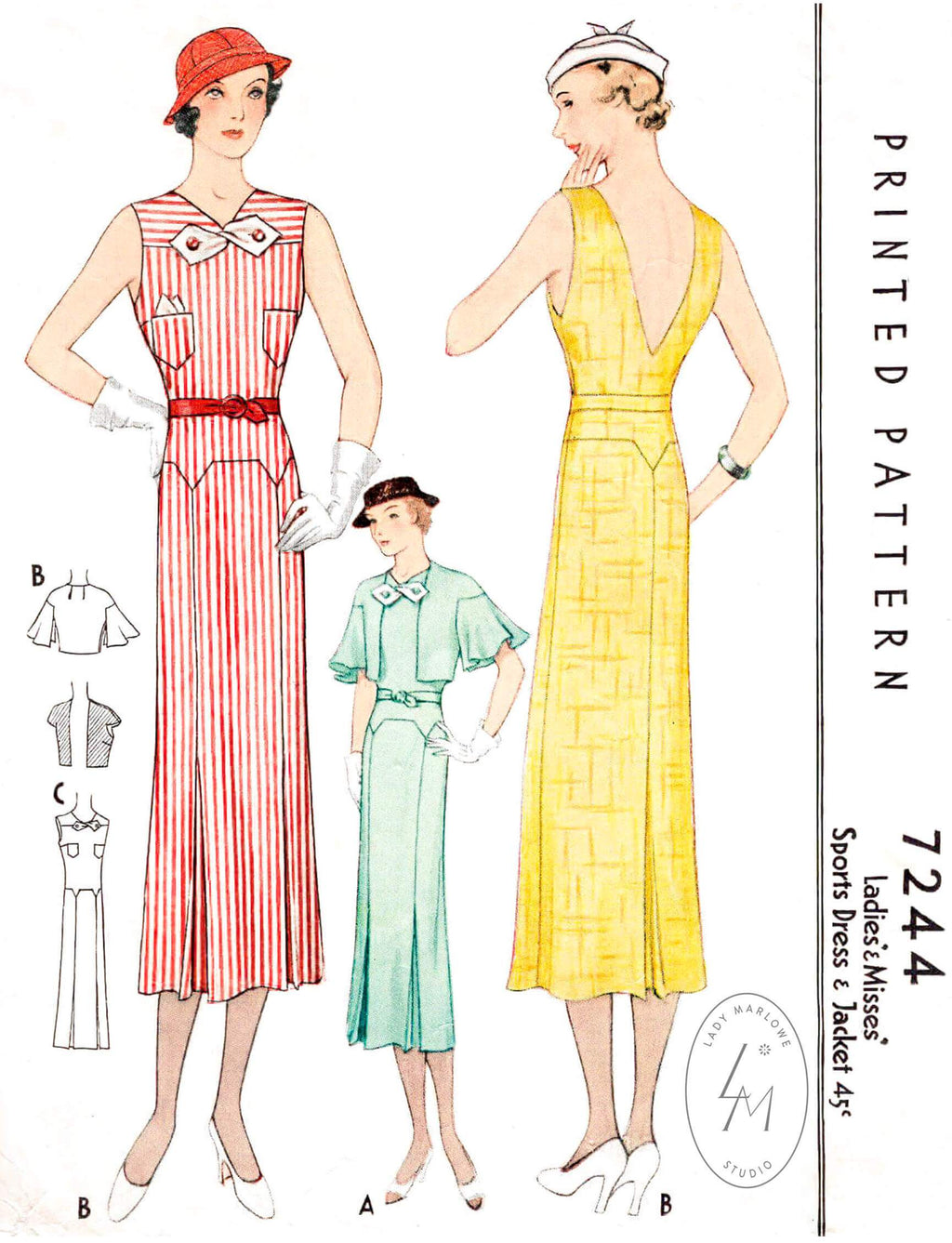 McCall 7244 1930s 1933 art deco dress and jacket vintage sewing pattern reproduction