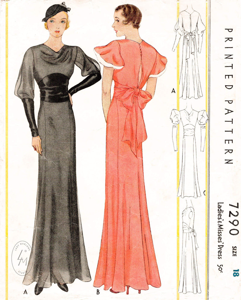 1930s evening dress gown puff sleeves cowl neck McCall 7290