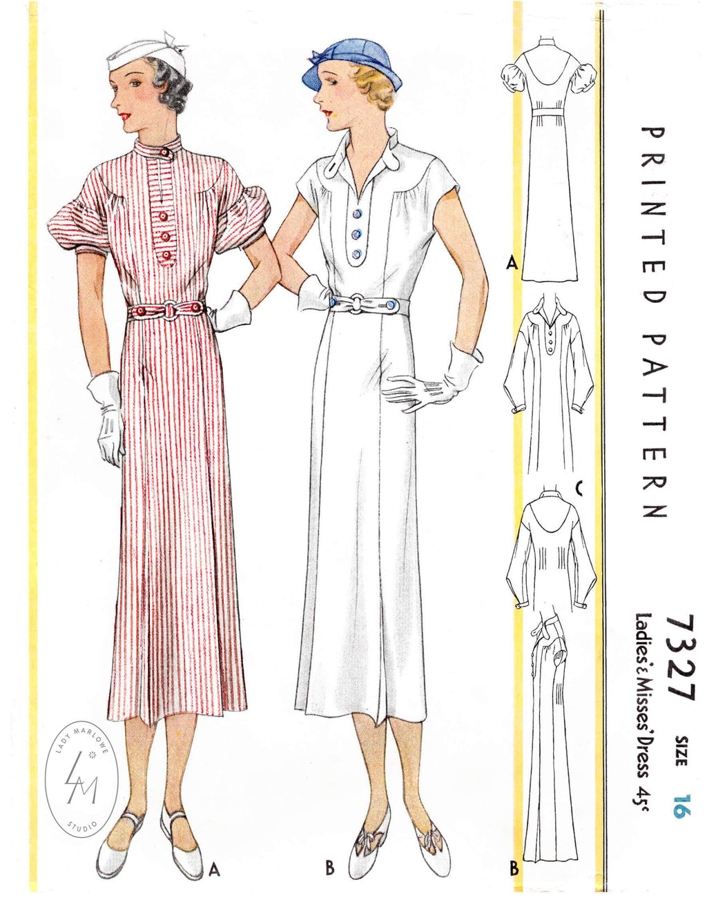 1930s 1933 McCall 7327 sports dress in 3 styles puff sleeves cap sleeves long sleeves vintage sewing pattern reproduction