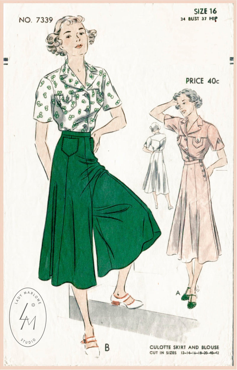 Vogue 7339 1930s wide leg culottes and shirt vintage sewing pattern