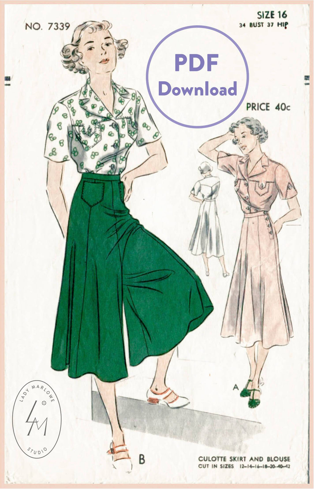 Vogue 7339 1930s wide leg culottes and shirt vintage sewing pattern PDF