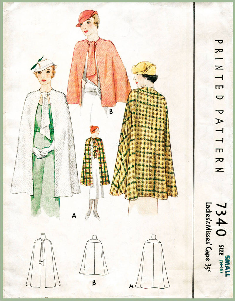 McCall 7340 1930s cape vintage sewing pattern 1930 30s outerwear