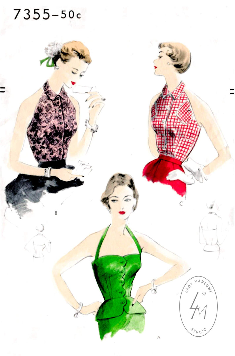 1950s halter top set in 3 styles Vogue 7355 vintage sewing pattern reproduction scallop edge detail
