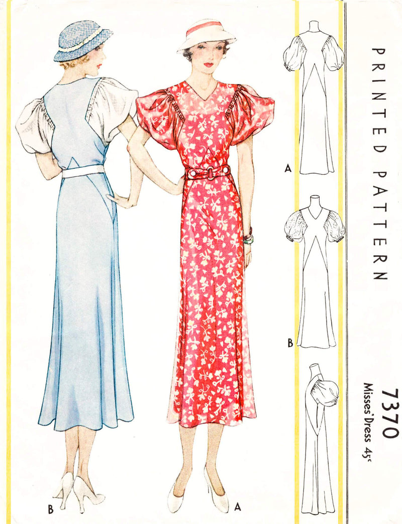 1930s 1933 McCall 7370 art deco day dress statement sleeves vintage sewing pattern reproduction