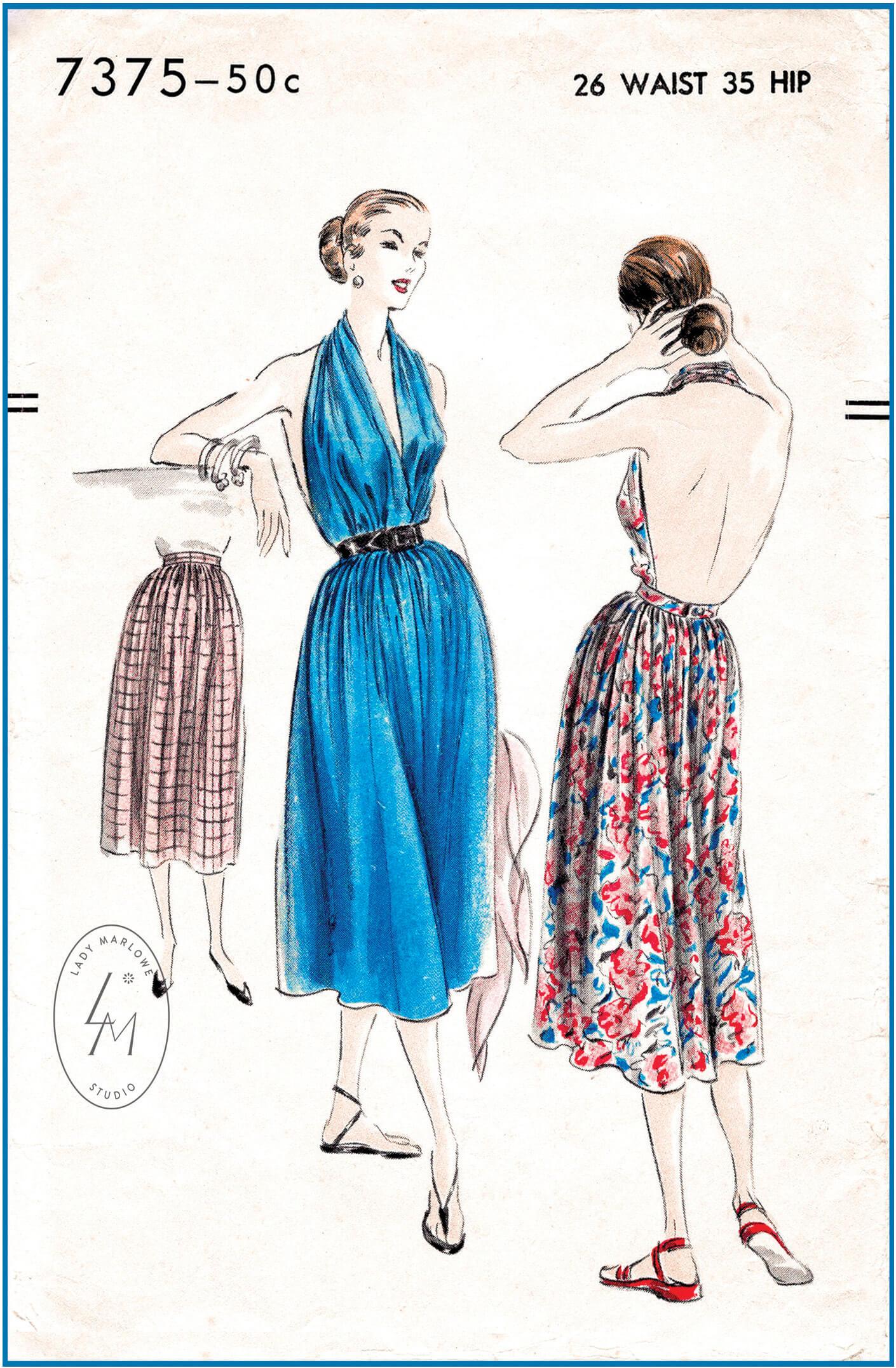 1950s beach dress halter plunge back vintage sewing pattern 7375 Lady Marlowe 1950s beach dress halter plunge back vintage sewing pattern 7375 Lady Marlowe