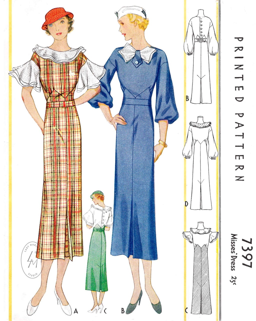 1930s 1933 McCall 7397 art deco dress in 4 styles vintage sewing pattern reproduction