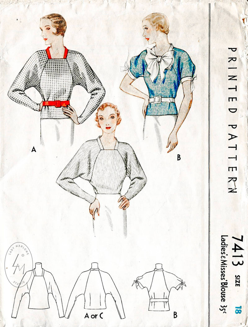 McCall 7413 1930s vintage sewing pattern blouse 1930 30s tops