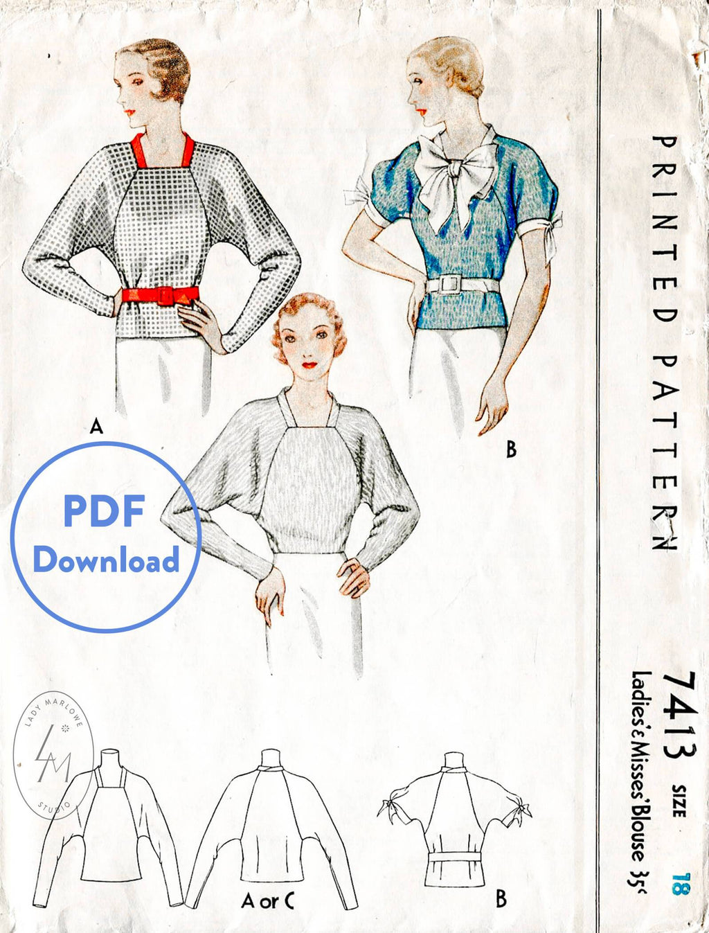 McCall 7413 1930s vintage sewing pattern 1930 30s blouse top