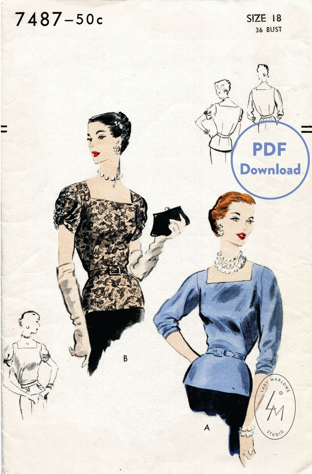 Vogue 7487 1950s evening blouse vintage sewing pattern PDF download