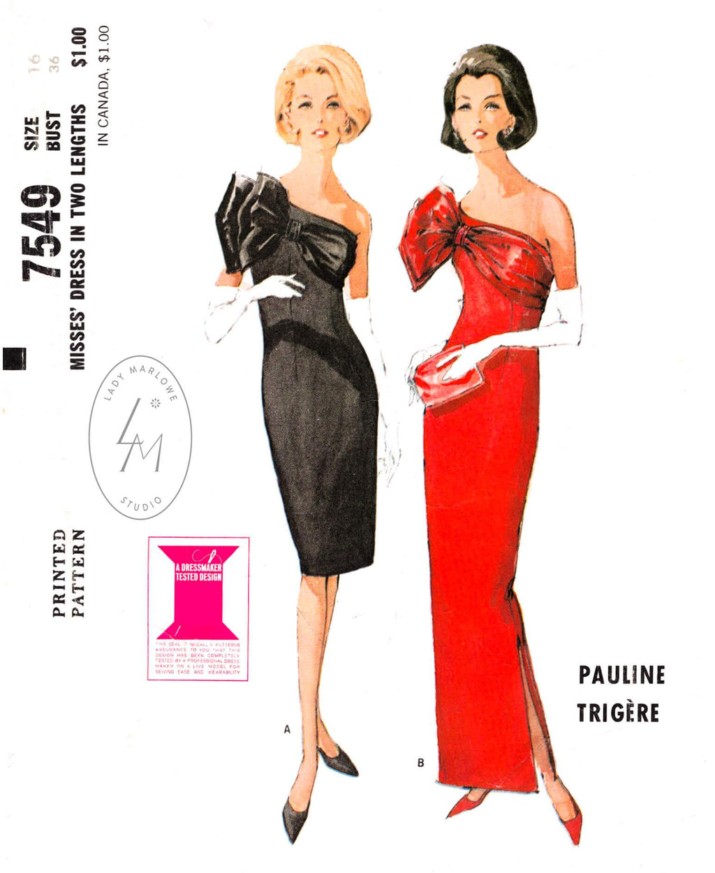 McCall 7549 1960s dress vintage sewing pattern one shoulder bow evening cocktail dress 