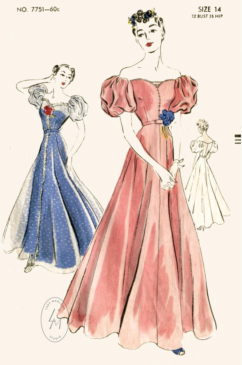 Vogue 7751 1940s off shoulder evening dress sewing pattern