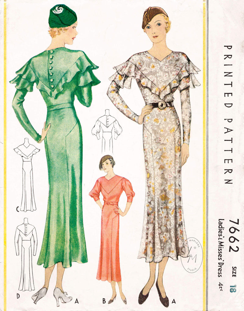 1930s vintage sewing pattern dress in 4 styles reproduction McCall 7662