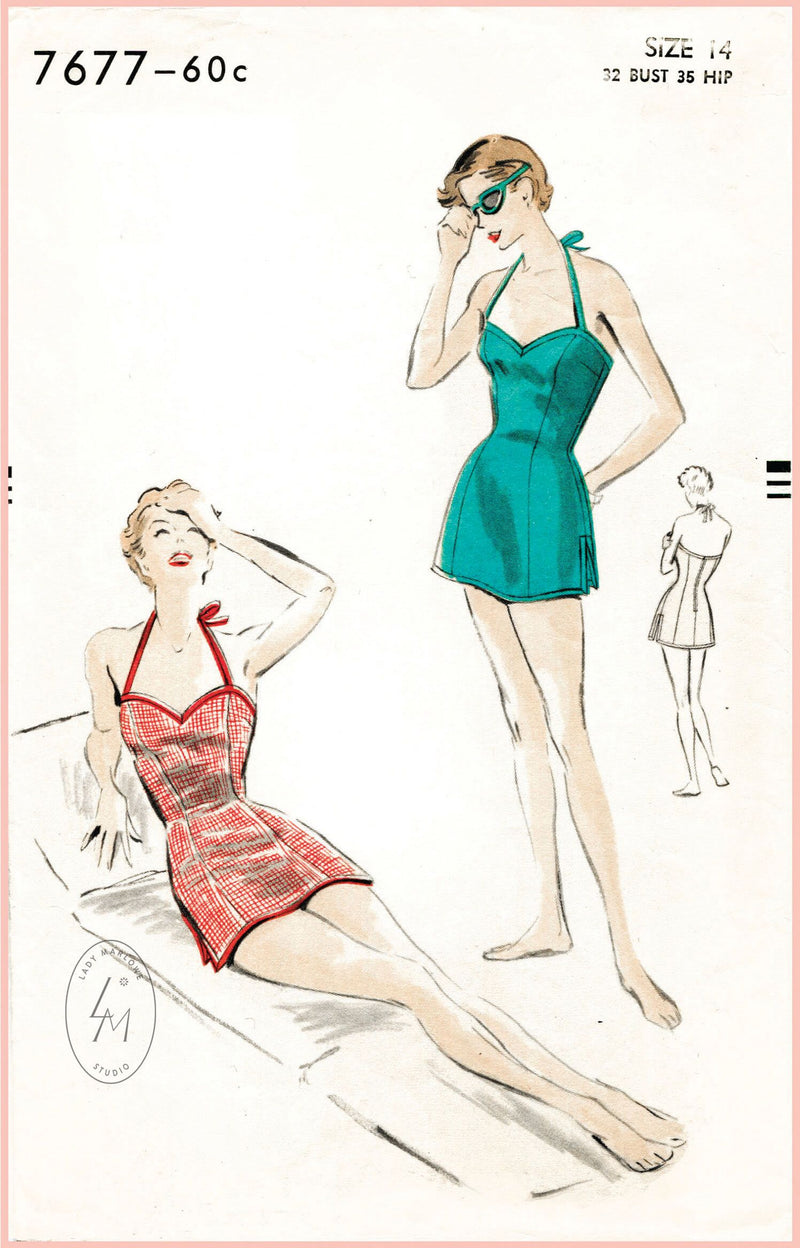 Vogue 7677 1950s vintage beachwear swimsuit sewing pattern