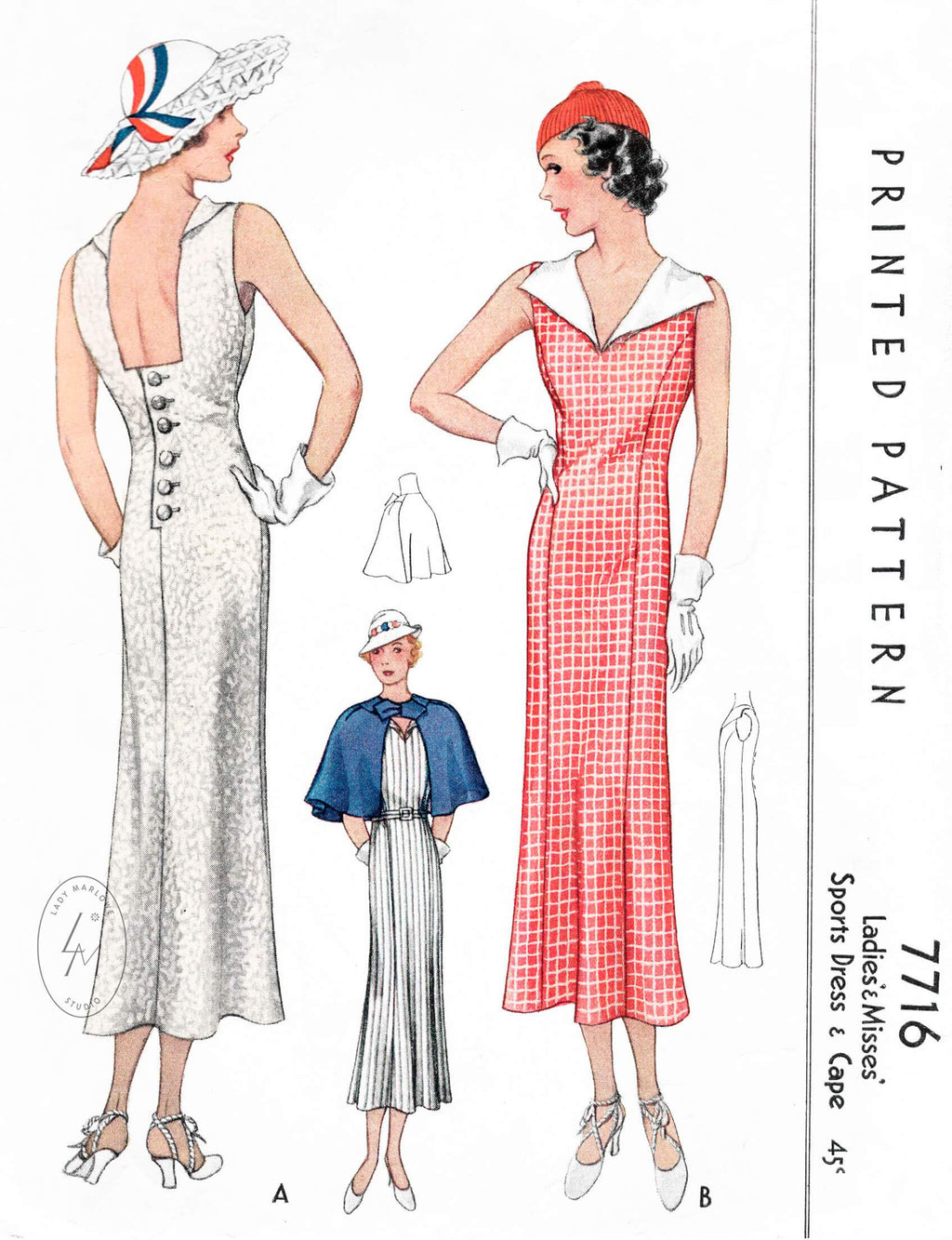 McCall 7716 1930s 1934 sports dress princess seams pointed collar flounce capelet vintage sewing pattern reproduction