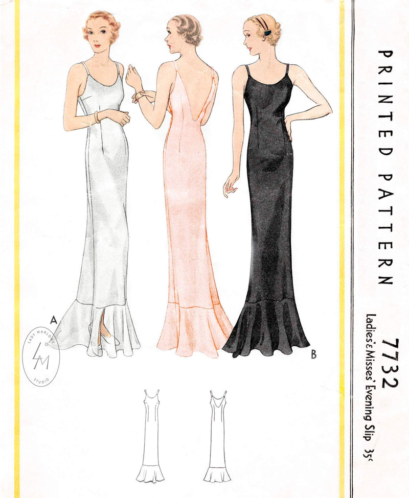 1930s 1934 evening gown length slip dress McCall 7732 low plunge back flounce hem vintage sewing pattern reproduction