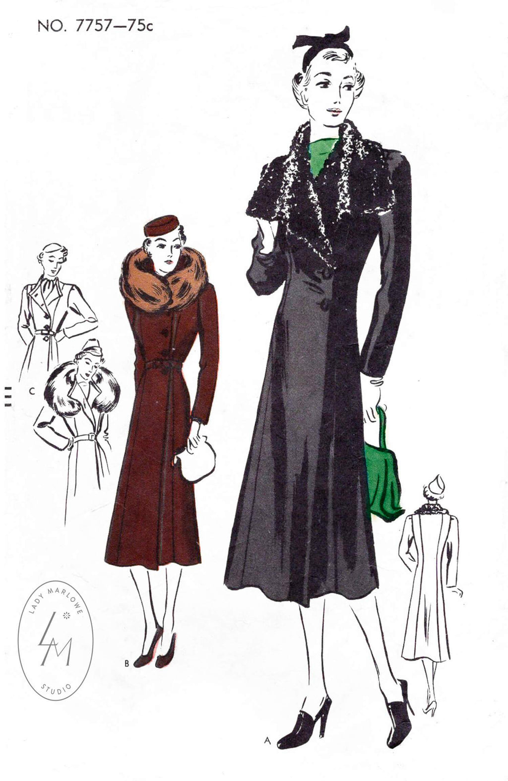 Vogue 7757 1930s 30s fitted coat wide lapel or detachable fur collar vintage sewing pattern reproduction