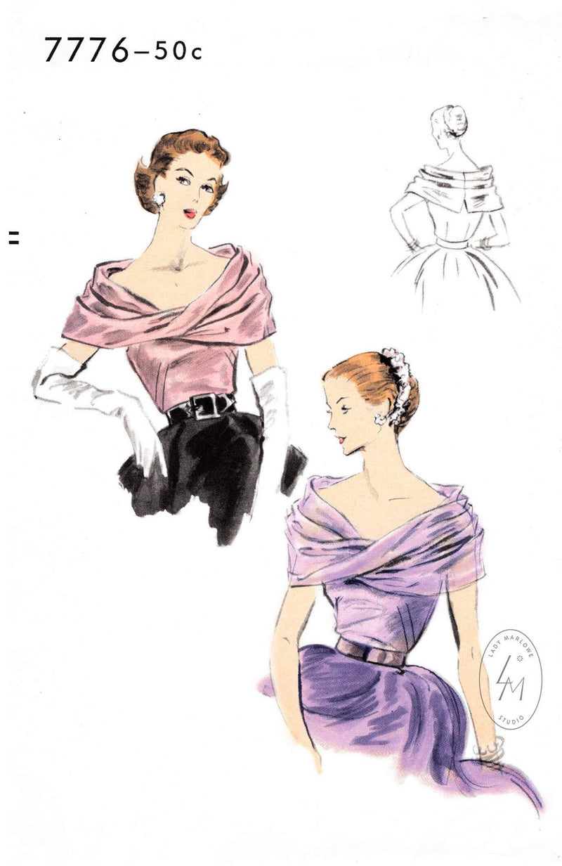 1950s 1952 evening blouse pattern Vogue 7776 wide bias drape décolletage detail vintage sewing pattern reproduction