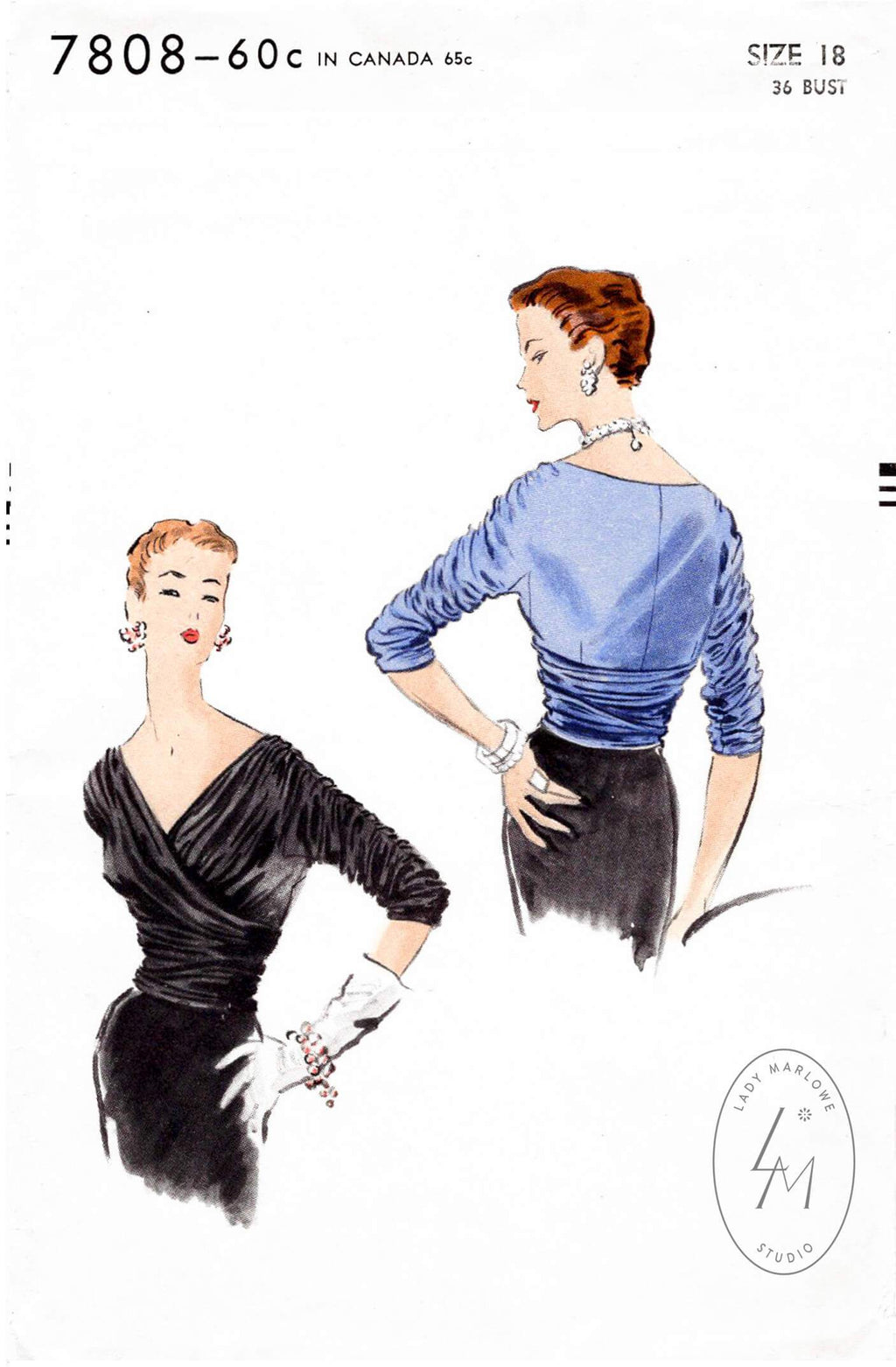 1950s wrap blouse Vogue 7808 vintage sewing pattern reproduction deep v plunge neckline