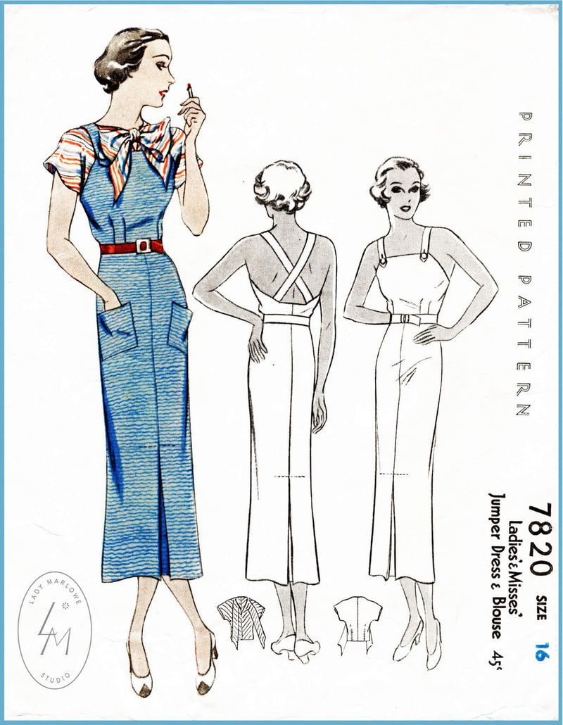 McCall 7820 1930s pinafore day dress bow blouse vintage sewing pattern 1930 30s
