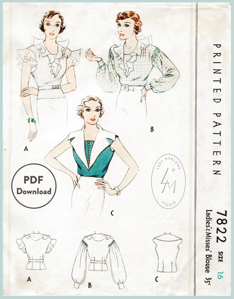McCall 7822 1930svintage sewing pattern 1930 30s blouse tops PDF digital download