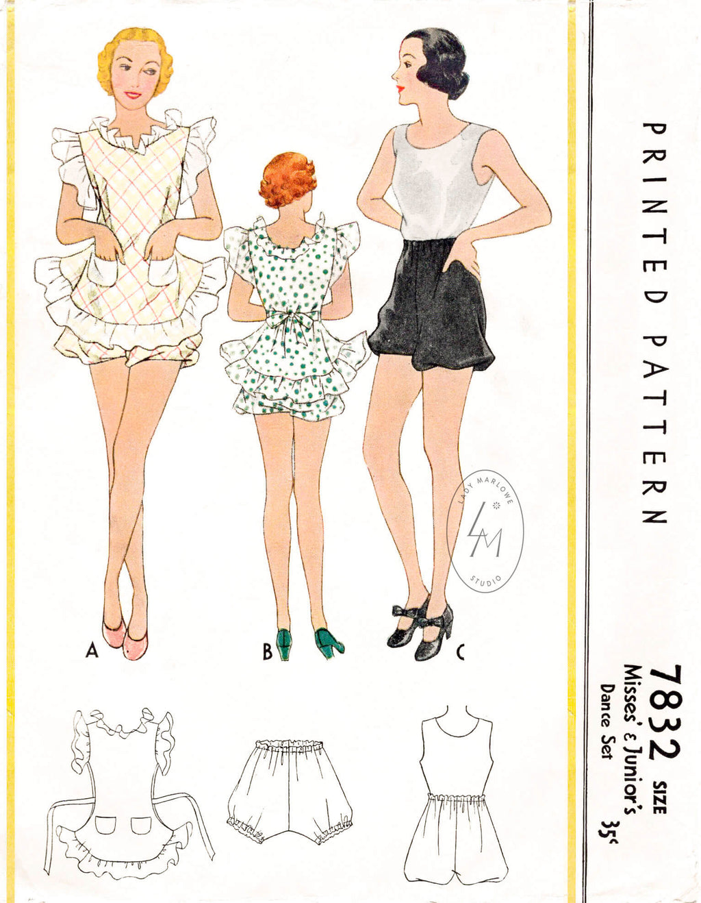 McCall 7832 1930s 1933 dance set dancewear pinafore apron dress tap shorts vintage sewing pattern