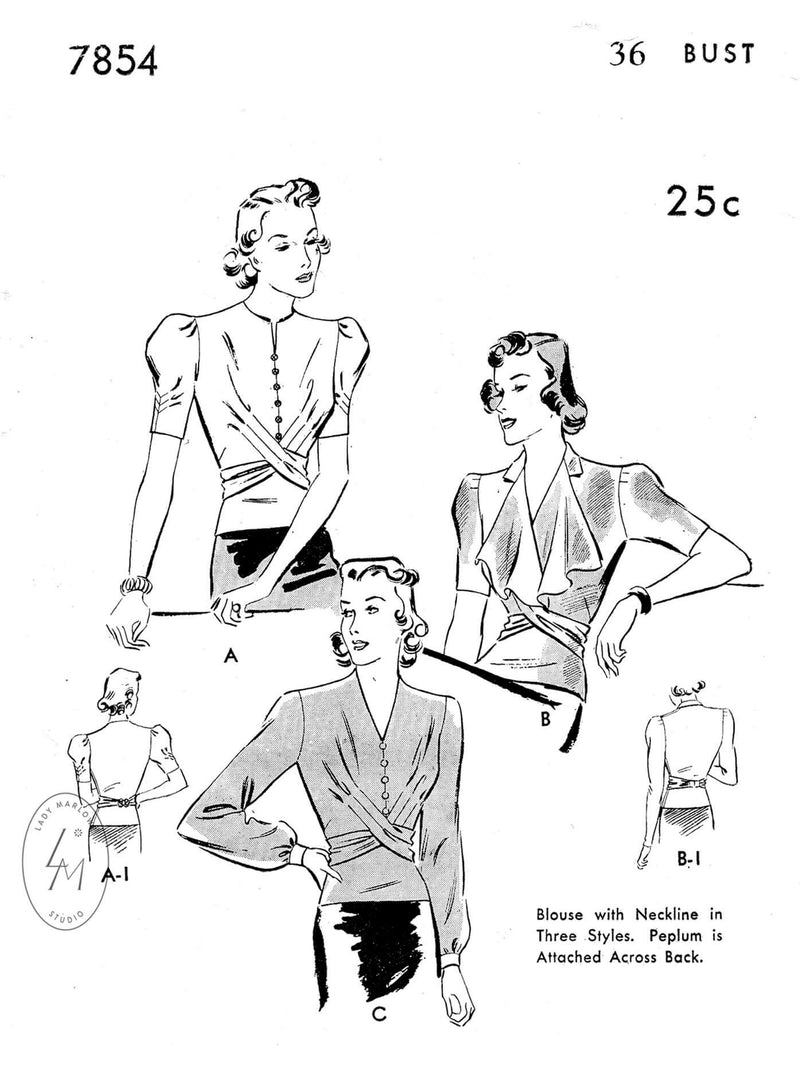 1930s blouse top vintage sewing pattern reproduction criss cross detail draped collar Butterick 7854
